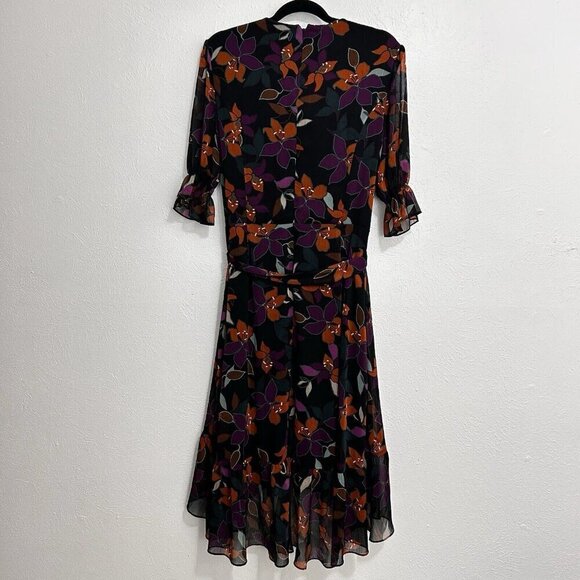 Calvin Klein Floral Asymmetrical Wrap Dress Sz 16 Surplice Neckline Ruffle Cuff - Picture 7 of 13